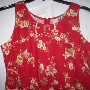 Sheri Martin Red Floral Cottage Back Zip & Slit Linen Summer Dress Petites Sz:8